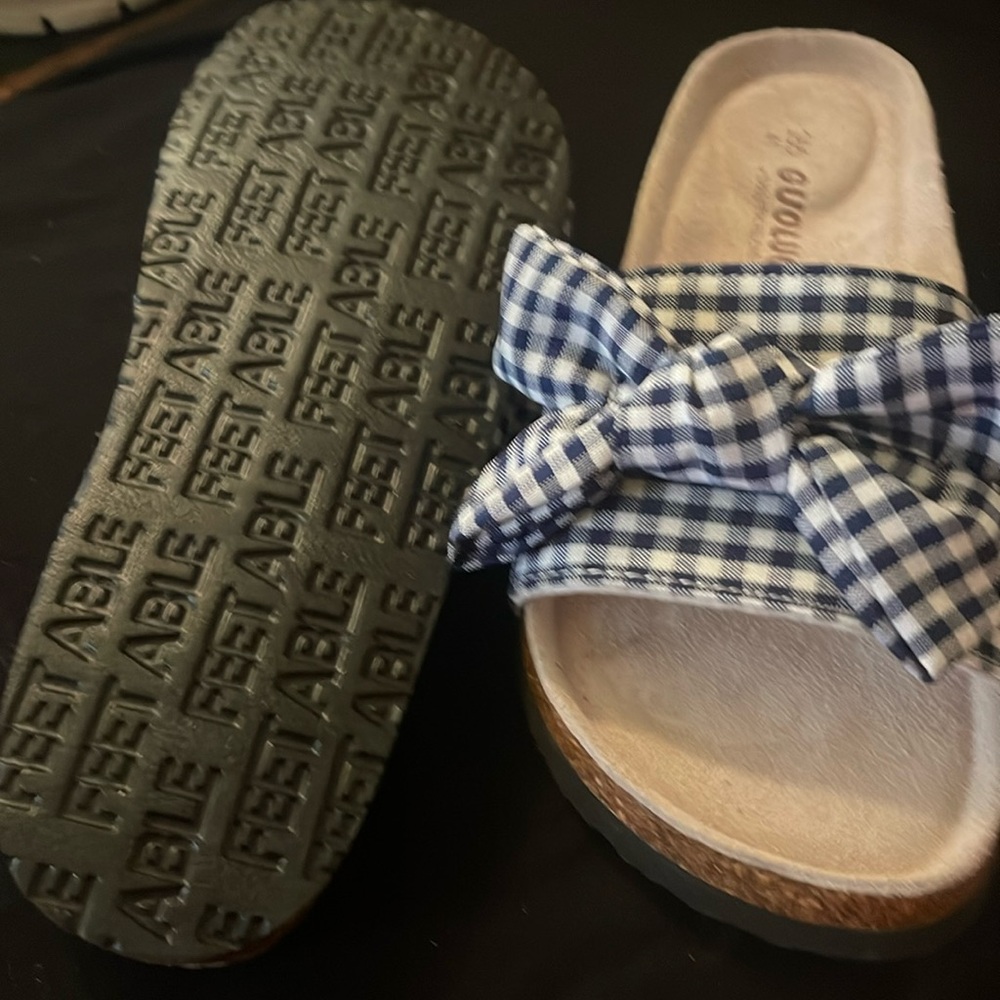 Blue Mules with Gingham Bow and Cork Sole
